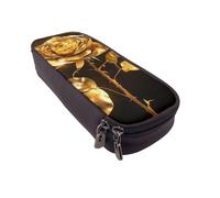 BNVSADC Gold Rose Printed PU Leather Flip Pencil Case, Cute Pencil Box Pen Bag Stationery Organizer Makeup Bag for School Office Travel