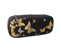 BNVSADC Gold White Butterflies Black Printed Leather Pencil Pen Case & Makeup Bag - Stylish Pencil Bag Stationery Organizer Pouch for School Office Travel