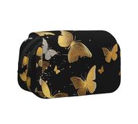 BNVSADC Gold White Butterflies Black Printed Print Flip Top Double Layer Pencil Case - Large Capacity School Supplies Organizer for Students, Kids, Teens, Artists, Travel & Office Use