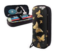 BNVSADC Gold White Butterflies Black Printed PU Leather Flip Pencil Case, Cute Pencil Box Pen Bag Stationery Organizer Makeup Bag for School Office Travel