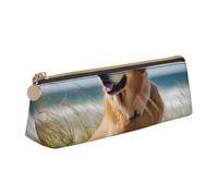 BNVSADC Golden Retriever on The Beach Printed Triangle Pencil Case Leather Pencil Pouch Cute Stationery Pencil Pen Bag for School Office Travel
