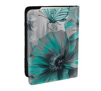 BNVSADC Gray Teal Flower Butterfly Printed Passport Holder Travel PU Leather Passport Cover Case Organiser for Men Women, 6.5 inch