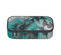 BNVSADC Gray Teal Flower Butterfly Printed Pencil Case Cute Pencil Box Bag Pen Pouch Office School Stationery Organizer for School Travel Work