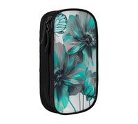 BNVSADC Gray Teal Flower Butterfly Printed Pencil Case for Girls Boys, Large Capacity Pencil Pouch Cute Pencil Box Adult Makeup Bag with 2 Compartments, Black