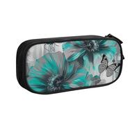 BNVSADC Gray Teal Flower Butterfly Printed Pencil Case Large Pen Bag Cute Pencil Box Pouch Office School Stationery Organizer for Girls Boys, Black