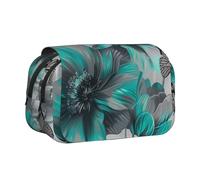 BNVSADC Gray Teal Flower Butterfly Printed Print Flip Top Double Layer Pencil Case - Large Capacity School Supplies Organizer for Students, Kids, Teens, Artists, Travel & Office Use