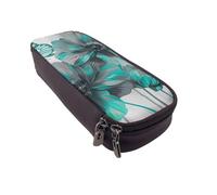 BNVSADC Gray Teal Flower Butterfly Printed PU Leather Flip Pencil Case, Cute Pencil Box Pen Bag Stationery Organizer Makeup Bag for School Office Travel