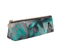 BNVSADC Gray Teal Flower Butterfly Printed Triangle Pencil Case Leather Pencil Pouch Cute Stationery Pencil Pen Bag for School Office Travel