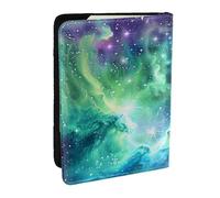 BNVSADC Green Blue Purple Galaxy Printed Passport Holder Travel PU Leather Passport Cover Case Organiser for Men Women, 6.5 inch
