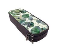 BNVSADC Green Eucalyptus Leaves Printed PU Leather Flip Pencil Case, Cute Pencil Box Pen Bag Stationery Organizer Makeup Bag for School Office Travel