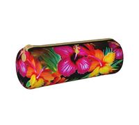 BNVSADC Hawaiian Colorful Flower Printed Round Pencil Case Leather Pencil Pouch Cute Stationery Pencil Pen Bag for School Office Travel