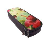 BNVSADC Hummingbirds Red Flower Hibiscus Printed PU Leather Flip Pencil Case, Cute Pencil Box Pen Bag Stationery Organizer Makeup Bag for School Office Travel