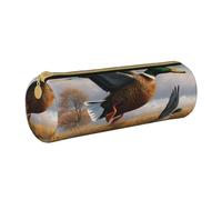 BNVSADC Hunting Flying Wild Ducks by The Lake Printed Round Pencil Case Leather Pencil Pouch Cute Stationery Pencil Pen Bag for School Office Travel