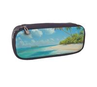 BNVSADC Island with Sandy Beach and Palm Tree Printed Leather Pencil Pen Case & Makeup Bag - Stylish Pencil Bag Stationery Organizer Pouch for School Office Travel