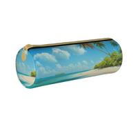 BNVSADC Island with Sandy Beach and Palm Tree Printed Round Pencil Case Leather Pencil Pouch Cute Stationery Pencil Pen Bag for School Office Travel