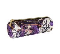 BNVSADC Magic Witch Witchcraft Bohemian Drawing Printed Round Pencil Case Leather Pencil Pouch Cute Stationery Pencil Pen Bag for School Office Travel