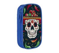 BNVSADC Mexican Skull Printed Pencil Case for Girls Boys, Large Capacity Pencil Pouch Cute Pencil Box Adult Makeup Bag with 2 Compartments, Blue
