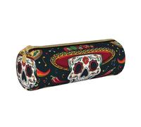 BNVSADC Mexican Skull Printed Round Pencil Case Leather Pencil Pouch Cute Stationery Pencil Pen Bag for School Office Travel