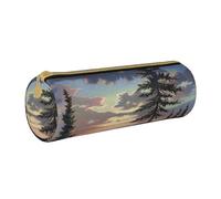 BNVSADC Moose Mountain Pine Tree Wilderness Printed Round Pencil Case Leather Pencil Pouch Cute Stationery Pencil Pen Bag for School Office Travel