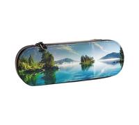 BNVSADC Mountain Lake View Sunny Day Nature Printed Leather Pencil Pen Case & Makeup Bag - Stylish Hard Shell Pencil Bag Stationery Organizer Pouch for School Office Travel