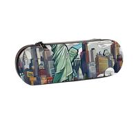 BNVSADC New York American Theme Art Printed Leather Pencil Pen Case & Makeup Bag - Stylish Hard Shell Pencil Bag Stationery Organizer Pouch for School Office Travel
