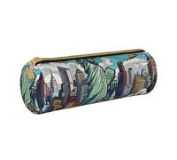 BNVSADC New York American Theme Art Printed Round Pencil Case Leather Pencil Pouch Cute Stationery Pencil Pen Bag for School Office Travel