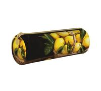 BNVSADC One Basket Lemons Printed Round Pencil Case Leather Pencil Pouch Cute Stationery Pencil Pen Bag for School Office Travel