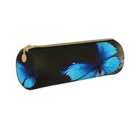 BNVSADC Outdoor Beautiful Blue Butterfly Printed Round Pencil Case Leather Pencil Pouch Cute Stationery Pencil Pen Bag for School Office Travel