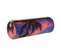 BNVSADC Palm Tree Sunset Printed Round Pencil Case Leather Pencil Pouch Cute Stationery Pencil Pen Bag for School Office Travel