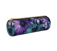 BNVSADC Purple and Teal Flowers Printed Round Pencil Case Leather Pencil Pouch Cute Stationery Pencil Pen Bag for School Office Travel