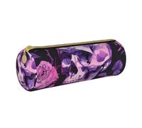 BNVSADC Purple Rose Skull Printed Round Pencil Case Leather Pencil Pouch Cute Stationery Pencil Pen Bag for School Office Travel