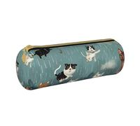 BNVSADC Raining Cats & Dogs Printed Round Pencil Case Leather Pencil Pouch Cute Stationery Pencil Pen Bag for School Office Travel