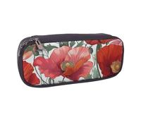 BNVSADC Red Flower Pattern Art Printed Leather Pencil Pen Case & Makeup Bag - Stylish Pencil Bag Stationery Organizer Pouch for School Office Travel