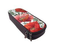BNVSADC Red Flower Pattern Art Printed PU Leather Flip Pencil Case, Cute Pencil Box Pen Bag Stationery Organizer Makeup Bag for School Office Travel