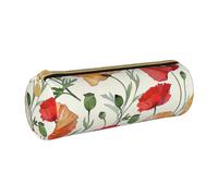 BNVSADC Red Flowers Pattern Printed Round Pencil Case Leather Pencil Pouch Cute Stationery Pencil Pen Bag for School Office Travel