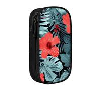 BNVSADC Red Hibiscus Printed Pencil Case for Girls Boys, Large Capacity Pencil Pouch Cute Pencil Box Adult Makeup Bag with 2 Compartments, Black