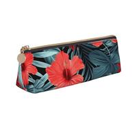 BNVSADC Red Hibiscus Printed Triangle Pencil Case Leather Pencil Pouch Cute Stationery Pencil Pen Bag for School Office Travel