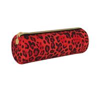 BNVSADC Red Leopard Pattern Printed Round Pencil Case Leather Pencil Pouch Cute Stationery Pencil Pen Bag for School Office Travel