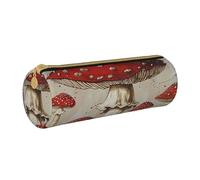 BNVSADC Red White Mushroom Printed Round Pencil Case Leather Pencil Pouch Cute Stationery Pencil Pen Bag for School Office Travel
