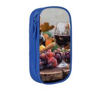 BNVSADC Red Wine Galsses & Grapes with Wooden Printed Pencil Case for Girls Boys, Large Capacity Pencil Pouch Cute Pencil Box Adult Makeup Bag with 2 Compartments, Blue