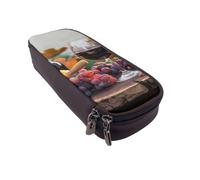 BNVSADC Red Wine Galsses & Grapes with Wooden Printed PU Leather Flip Pencil Case, Cute Pencil Box Pen Bag Stationery Organizer Makeup Bag for School Office Travel