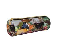BNVSADC Red Wine Galsses & Grapes with Wooden Printed Round Pencil Case Leather Pencil Pouch Cute Stationery Pencil Pen Bag for School Office Travel
