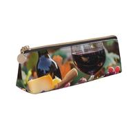 BNVSADC Red Wine Galsses & Grapes with Wooden Printed Triangle Pencil Case Leather Pencil Pouch Cute Stationery Pencil Pen Bag for School Office Travel