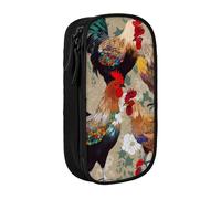 BNVSADC Rooster and Chicken Print Printed Pencil Case for Girls Boys, Large Capacity Pencil Pouch Cute Pencil Box Adult Makeup Bag with 2 Compartments, Black
