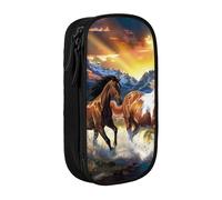 BNVSADC Running Horses Printed Pencil Case for Girls Boys, Large Capacity Pencil Pouch Cute Pencil Box Adult Makeup Bag with 2 Compartments, Black