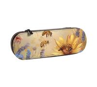 BNVSADC Rural Honey Bees Wildflowers Printed Leather Pencil Pen Case & Makeup Bag - Stylish Hard Shell Pencil Bag Stationery Organizer Pouch for School Office Travel