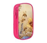 BNVSADC Rural Honey Bees Wildflowers Printed Pencil Case for Girls Boys, Large Capacity Pencil Pouch Cute Pencil Box Adult Makeup Bag with 2 Compartments, Pink