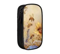 BNVSADC Rural Honey Bees Wildflowers Printed Pencil Case for Girls Boys, Large Capacity Pencil Pouch Cute Pencil Box Adult Makeup Bag with 2 Compartments, Black