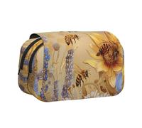 BNVSADC Rural Honey Bees Wildflowers Printed Print Flip Top Double Layer Pencil Case - Large Capacity School Supplies Organizer for Students, Kids, Teens, Artists, Travel & Office Use