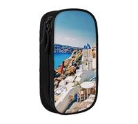 BNVSADC Santorini Greek Island sea View Printed Pencil Case for Girls Boys, Large Capacity Pencil Pouch Cute Pencil Box Adult Makeup Bag with 2 Compartments, Black